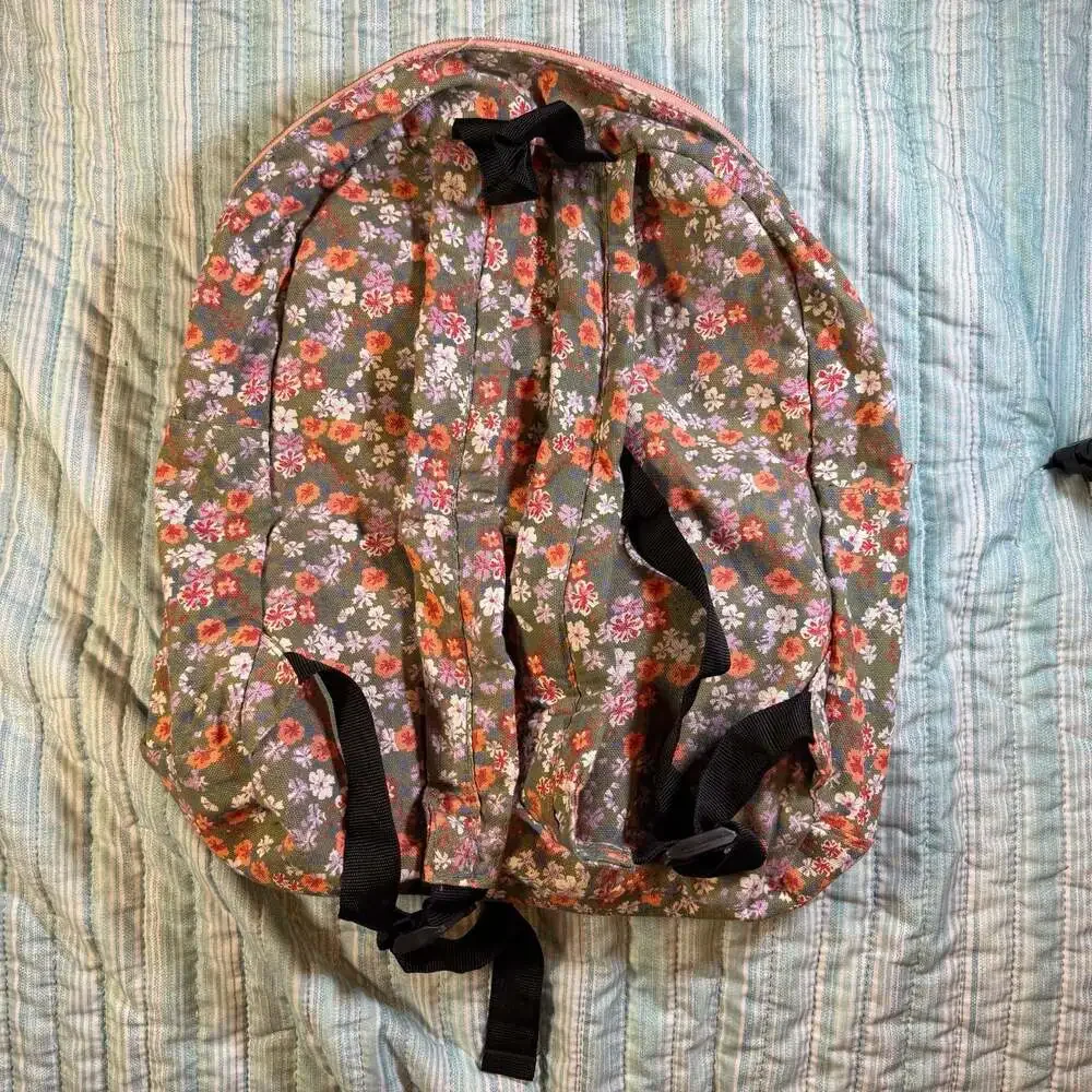 Floral Print Canvas Backpack with Faux Leather Patch